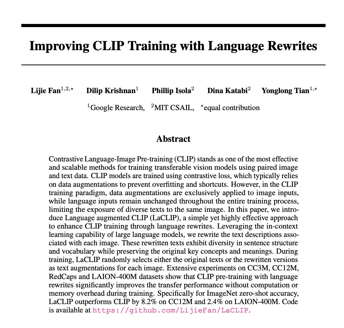 Improving CLIP Training with Language Rewrites via LaCLIP