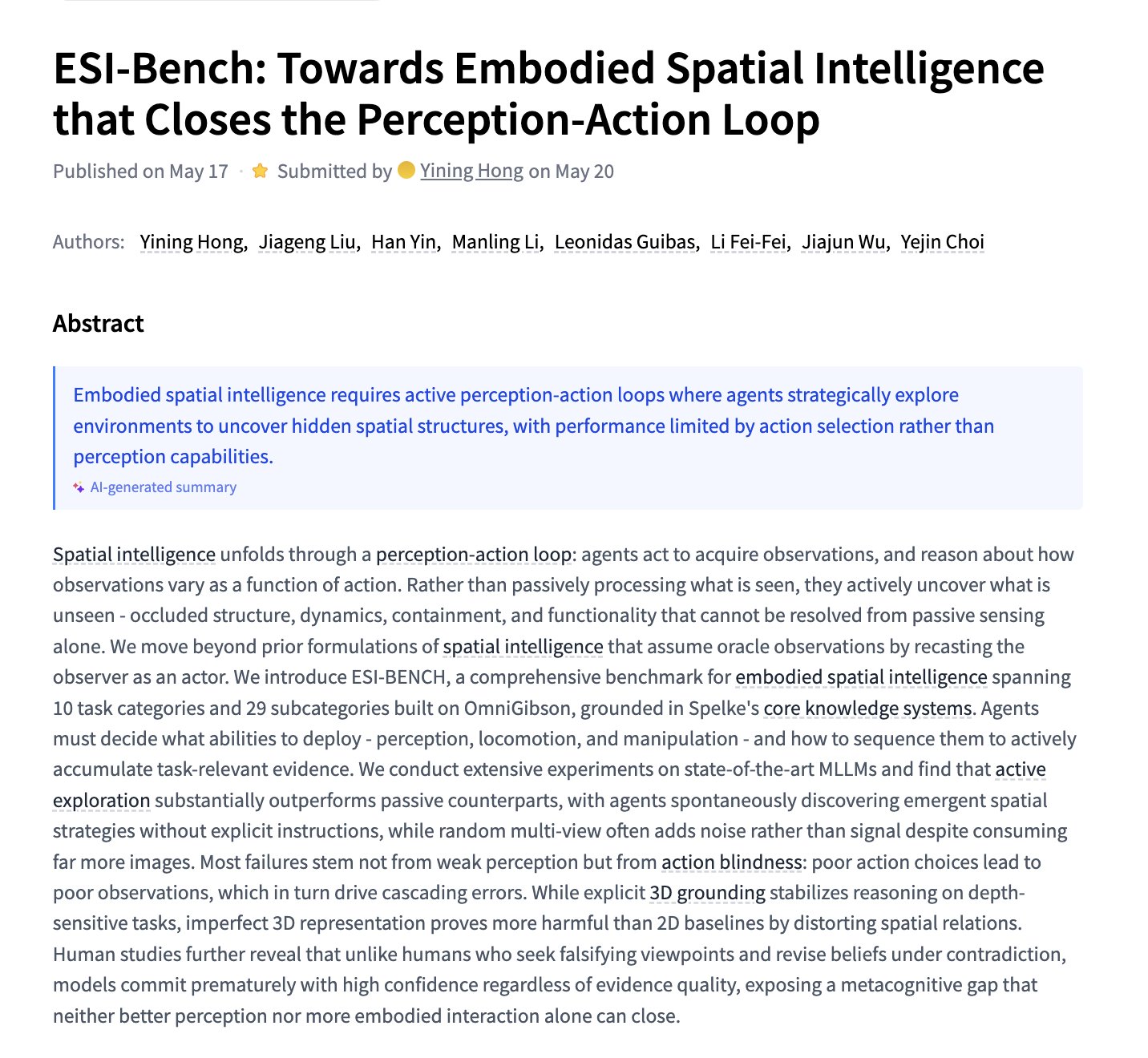 ESI-Bench: Towards Embodied Spatial Intelligence and Perception-Action Loops