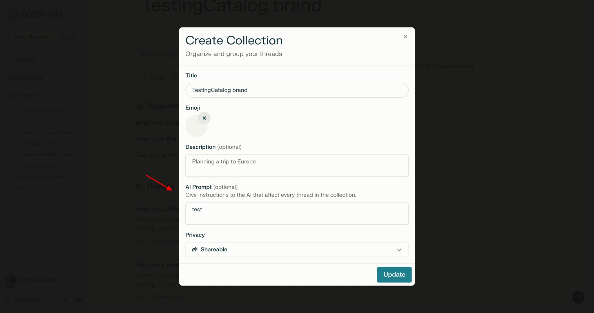 Using custom prompts in Perplexity Collections