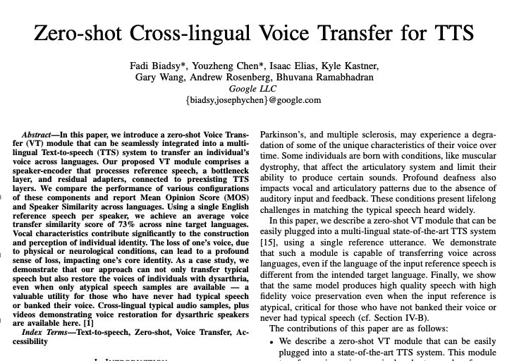Google Zero-shot Cross-lingual Voice Transfer for TTS