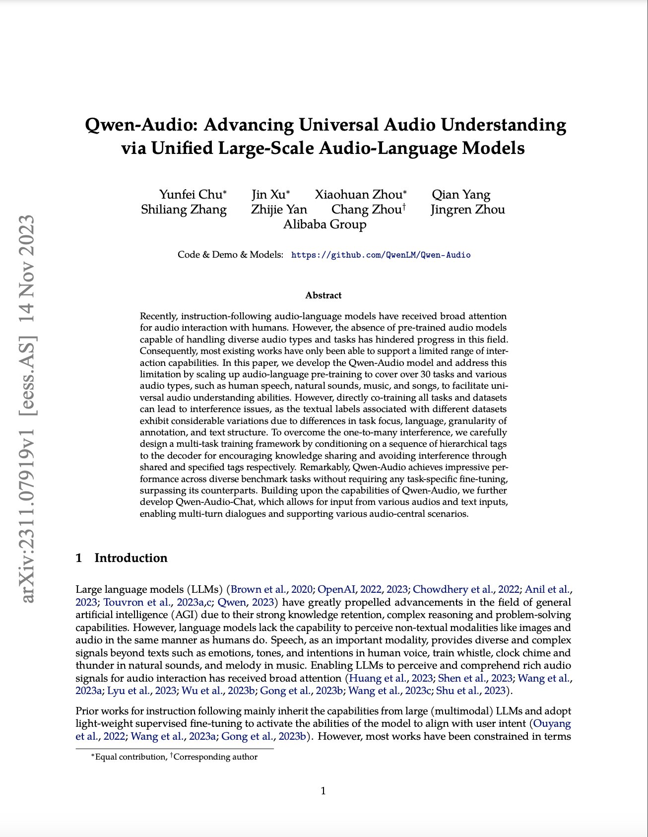 Qwen-Audio: Universal Audio Understanding via Large-Scale Models