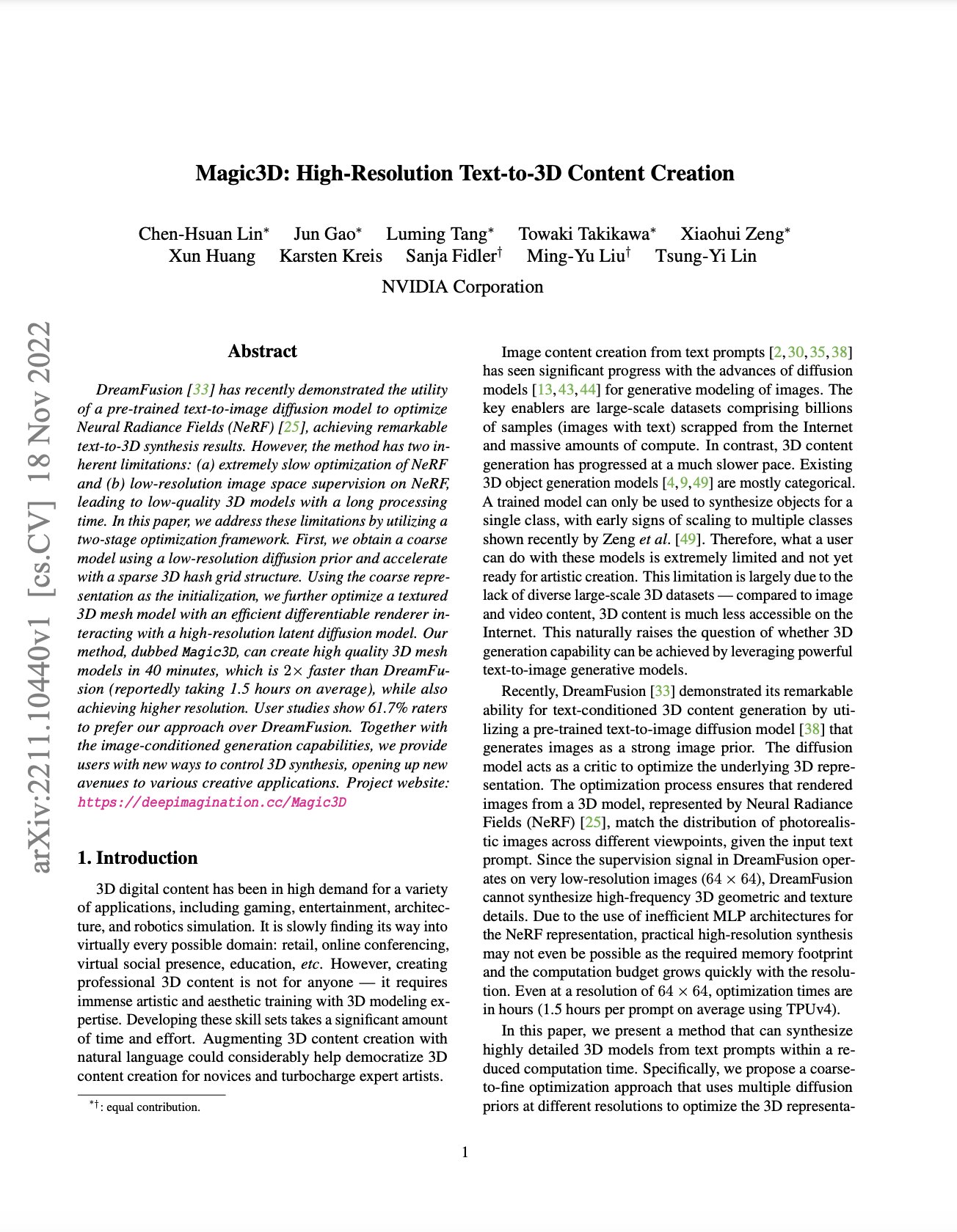 Magic3D: High-Resolution Text-to-3D Content Generation