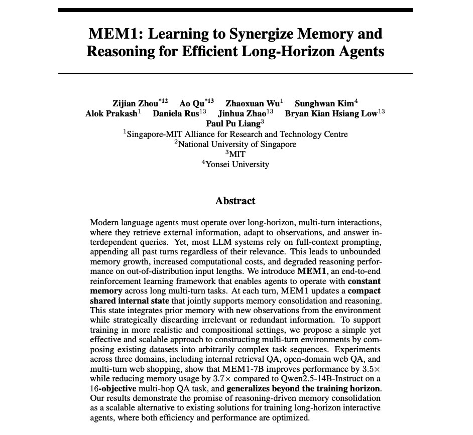 MEM1: RL Framework for Efficient Long-Horizon Language Agents