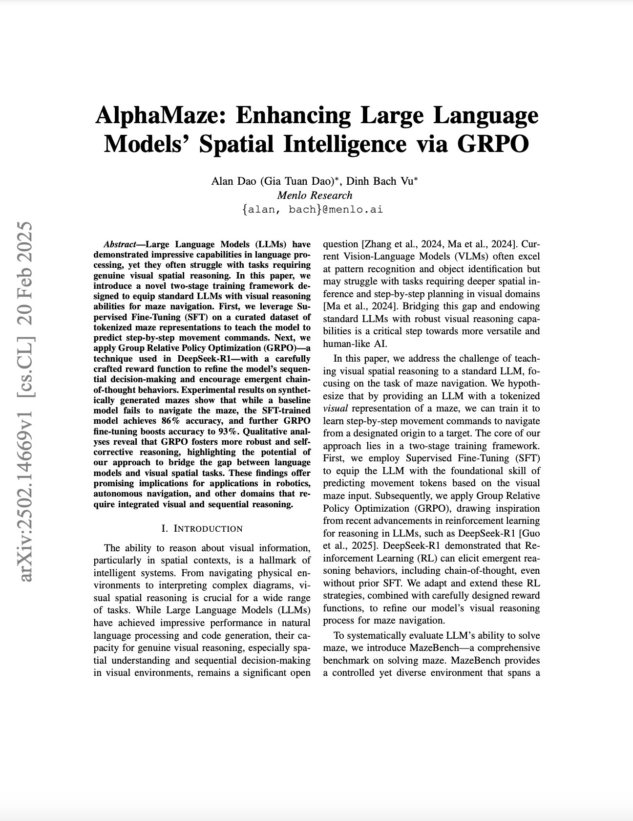 AlphaMaze: Enhancing LLMs’ Spatial Intelligence via GRPO