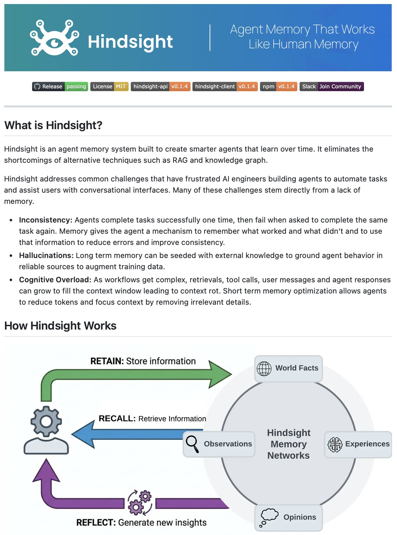 Hindsight: Agent Memory System for Smarter Learning