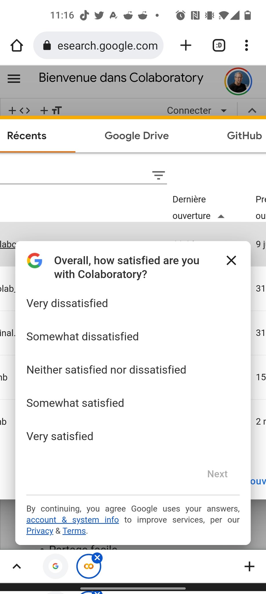 Google Colab UI popup interaction issue reported