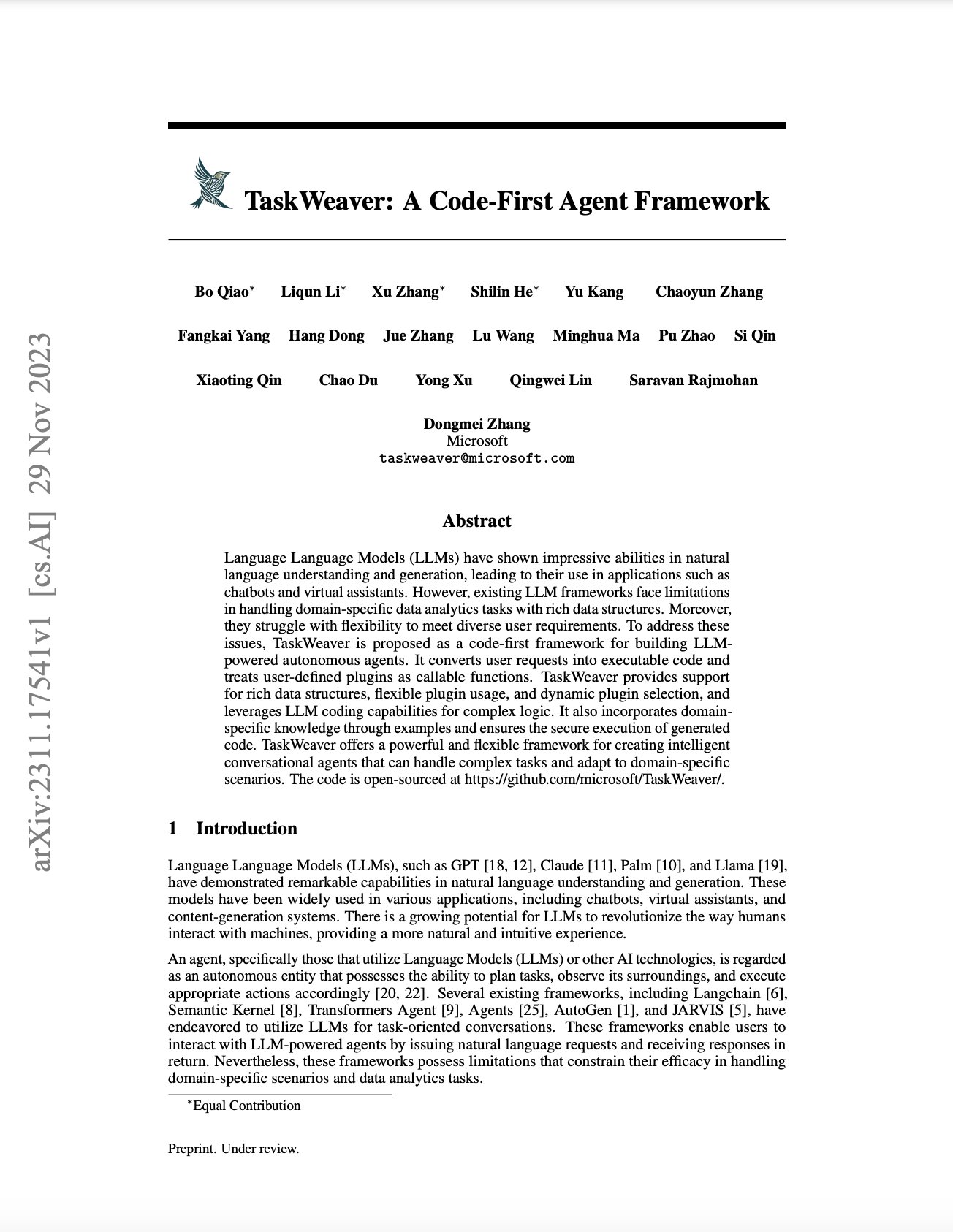 TaskWeaver: Code-First Agent Framework for AI Automation