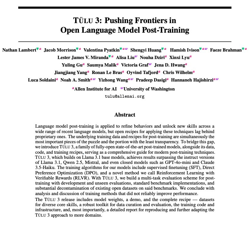 TÜLU 3 releases state-of-the-art open post-trained models