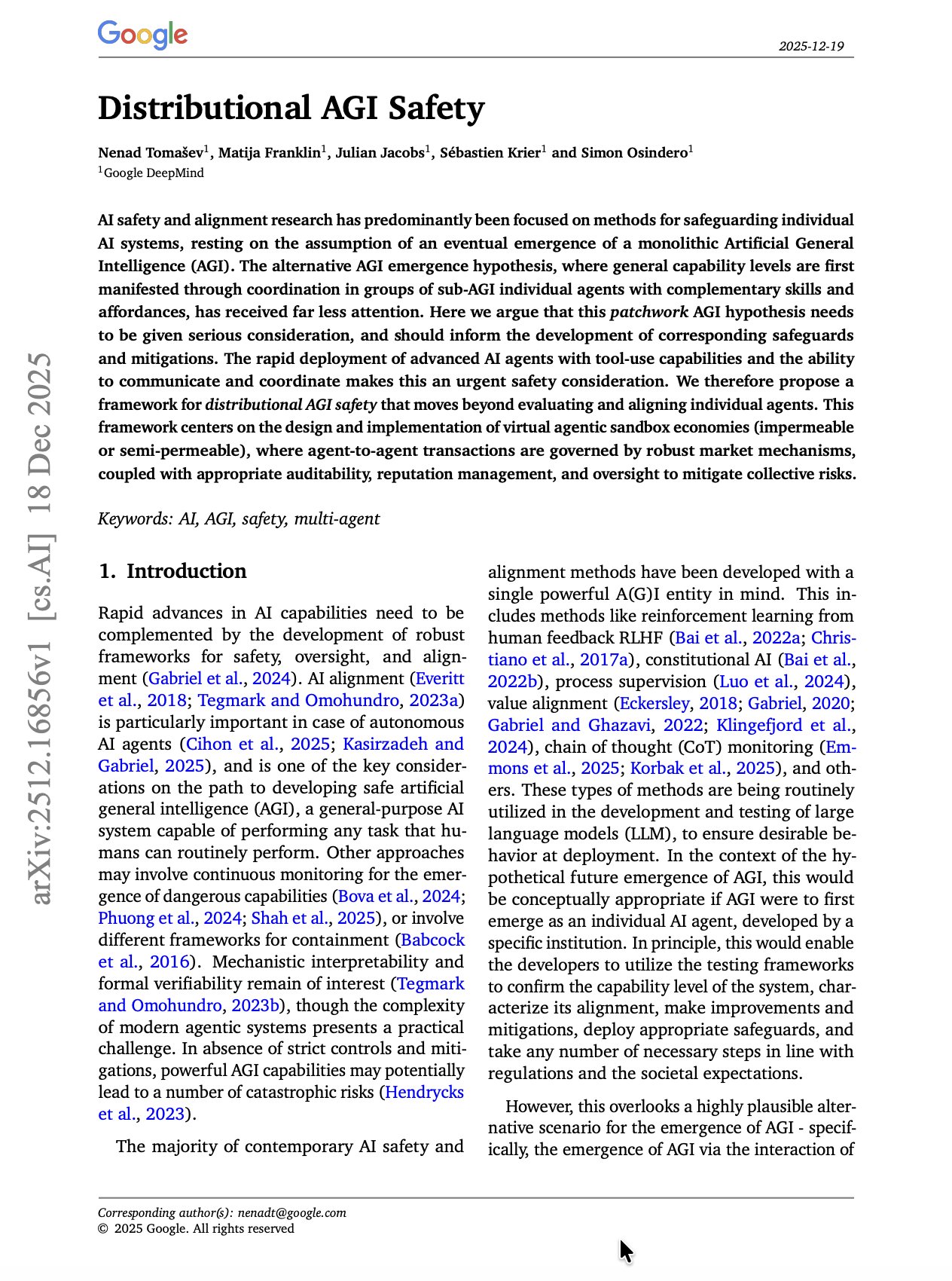 Distributional AGI Safety Research by Tomašev et al