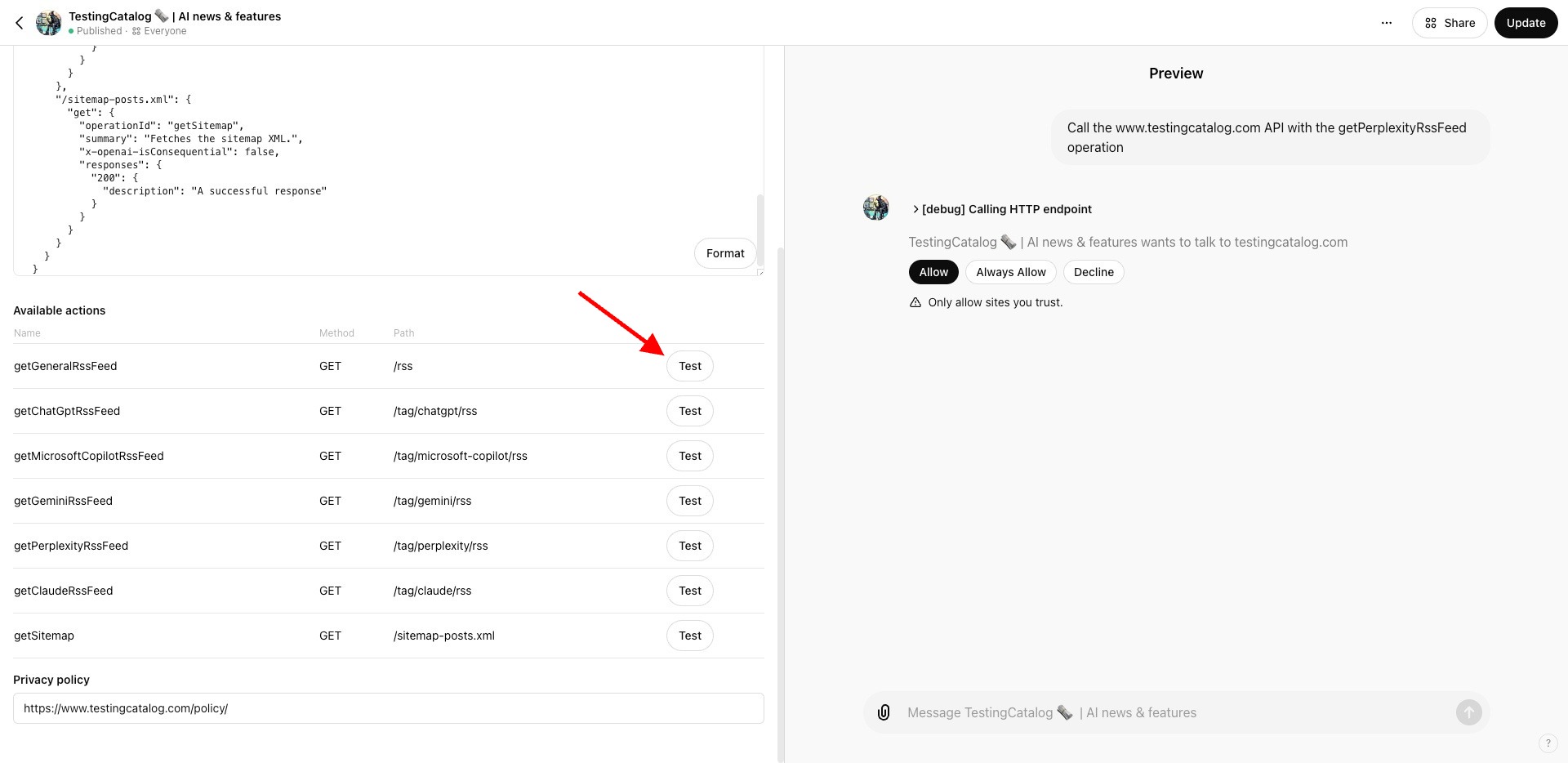 GPT Builder adds support for auth methods and API testing