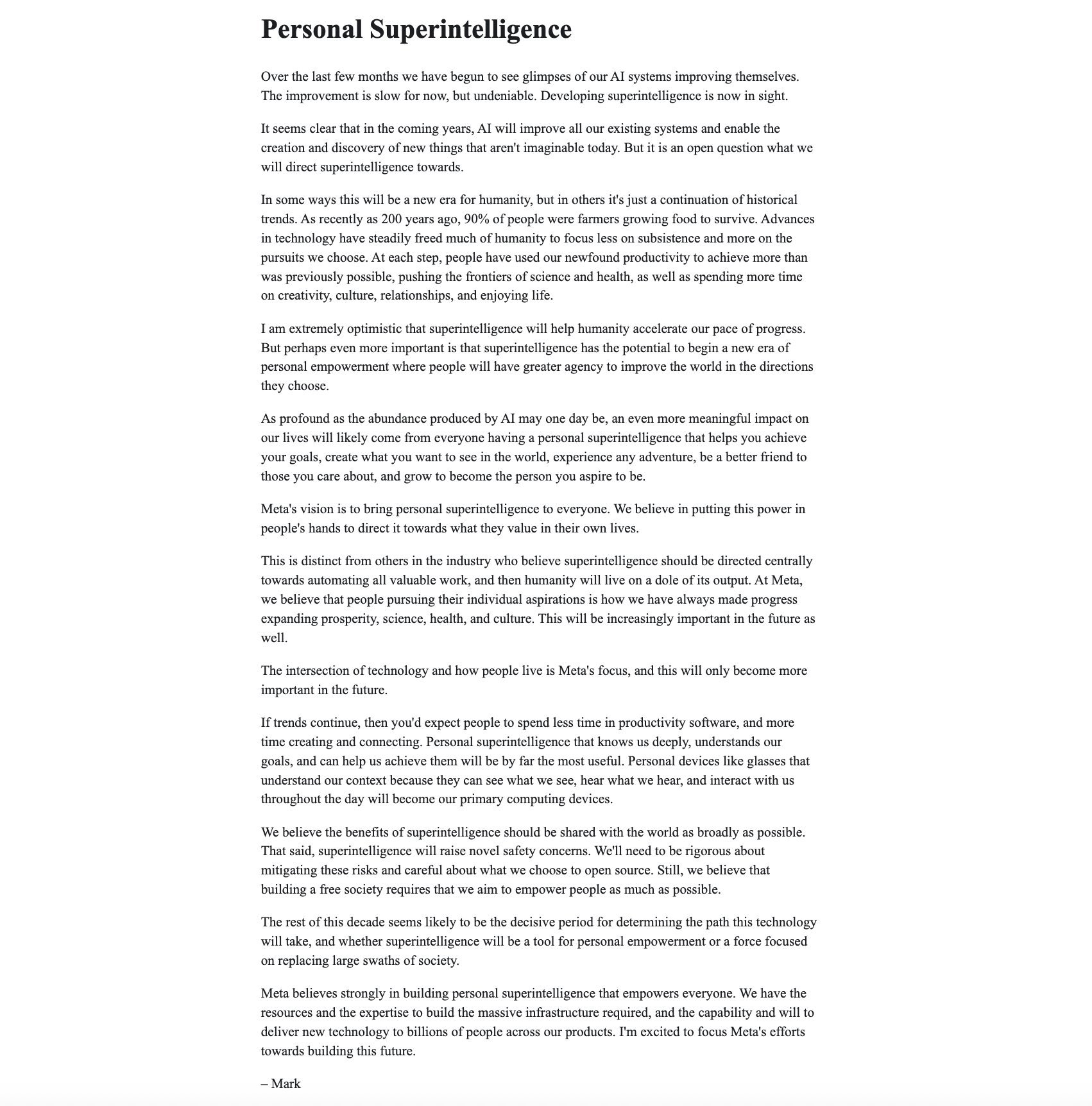 Meta Developing Personal Superintelligence