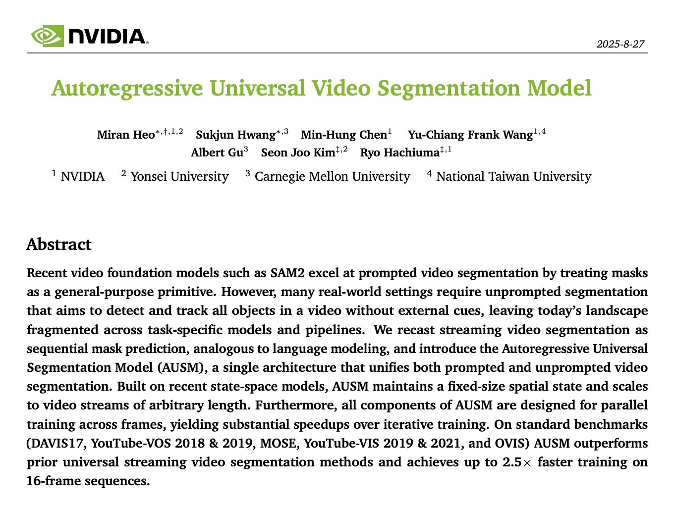 Nvidia Presents Autoregressive Universal Video Segmentation Model