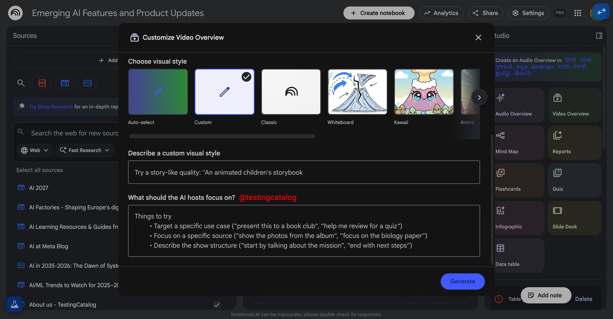 Google NotebookLM to add custom styles for video overviews
