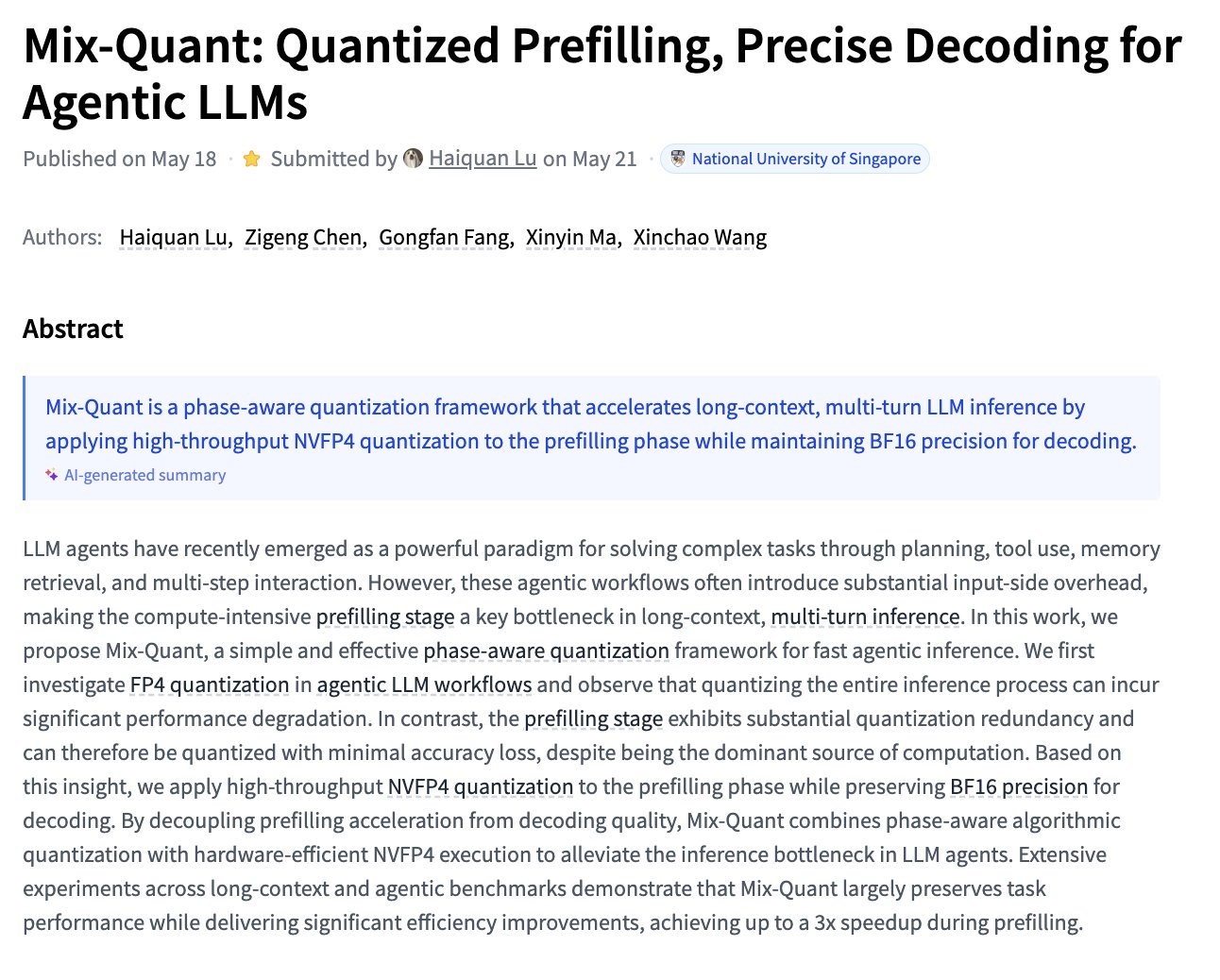 Mix-Quant: Quantized Prefilling and Decoding for Agentic LLMs