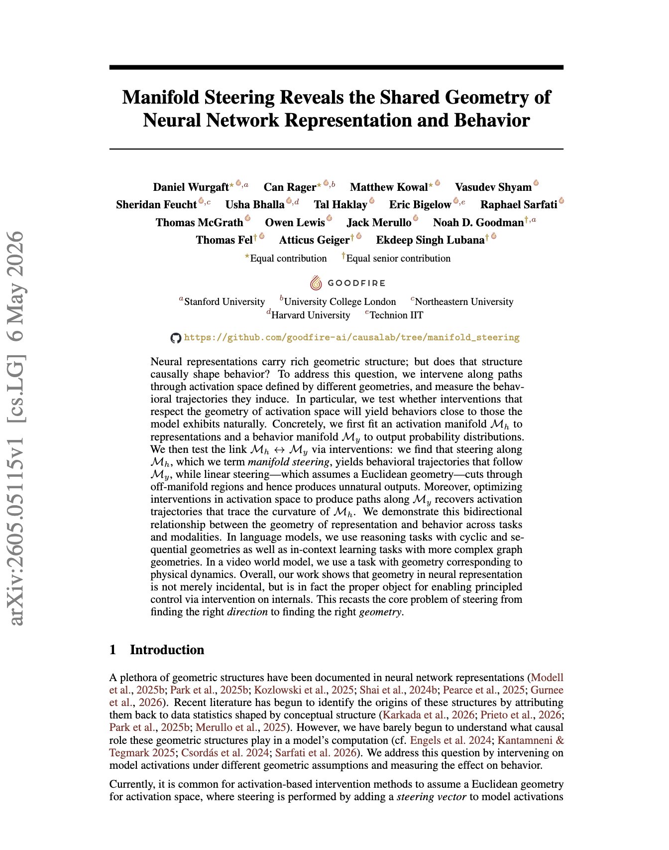 Manifold Steering for Neural Network Representation and Behavior