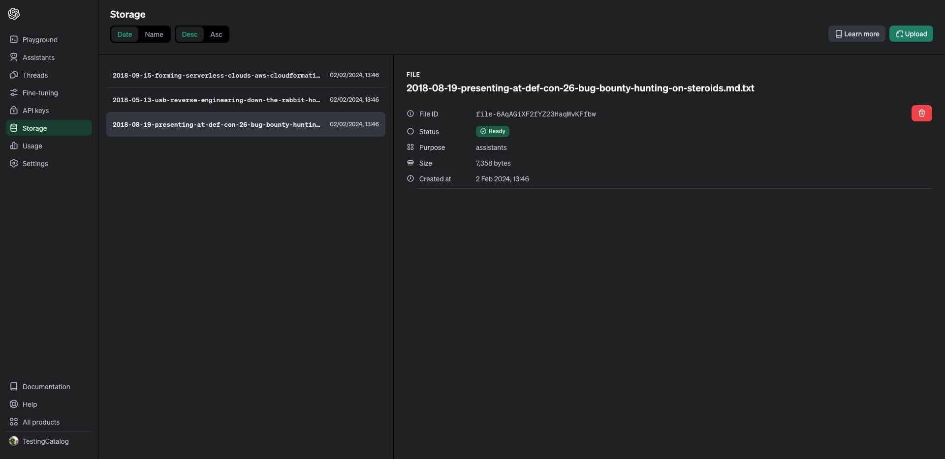 New storage tab added for knowledge file management in AI tool