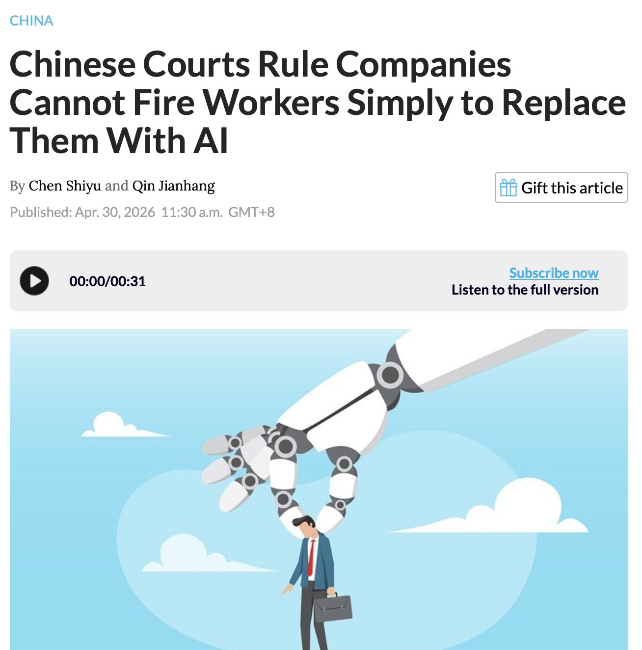 Chinese Courts Rule AI Cannot Replace Workers in Tech Sector