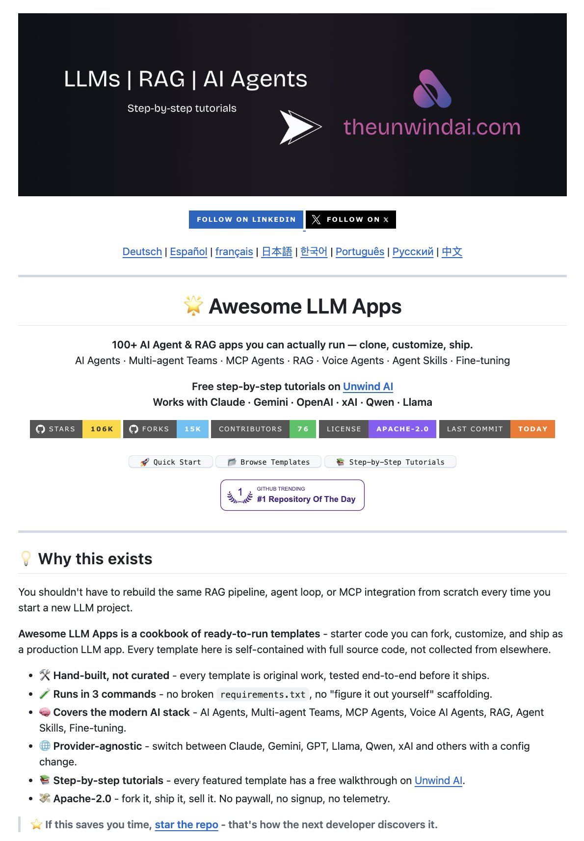 Awesome LLM Apps: 106K Stars, 100+ Open Source AI Agents