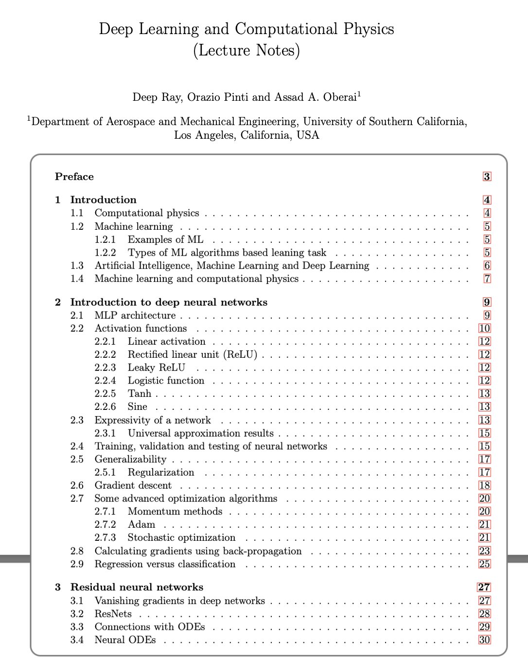 Deep Learning and Computational Physics Lecture Notes from USC