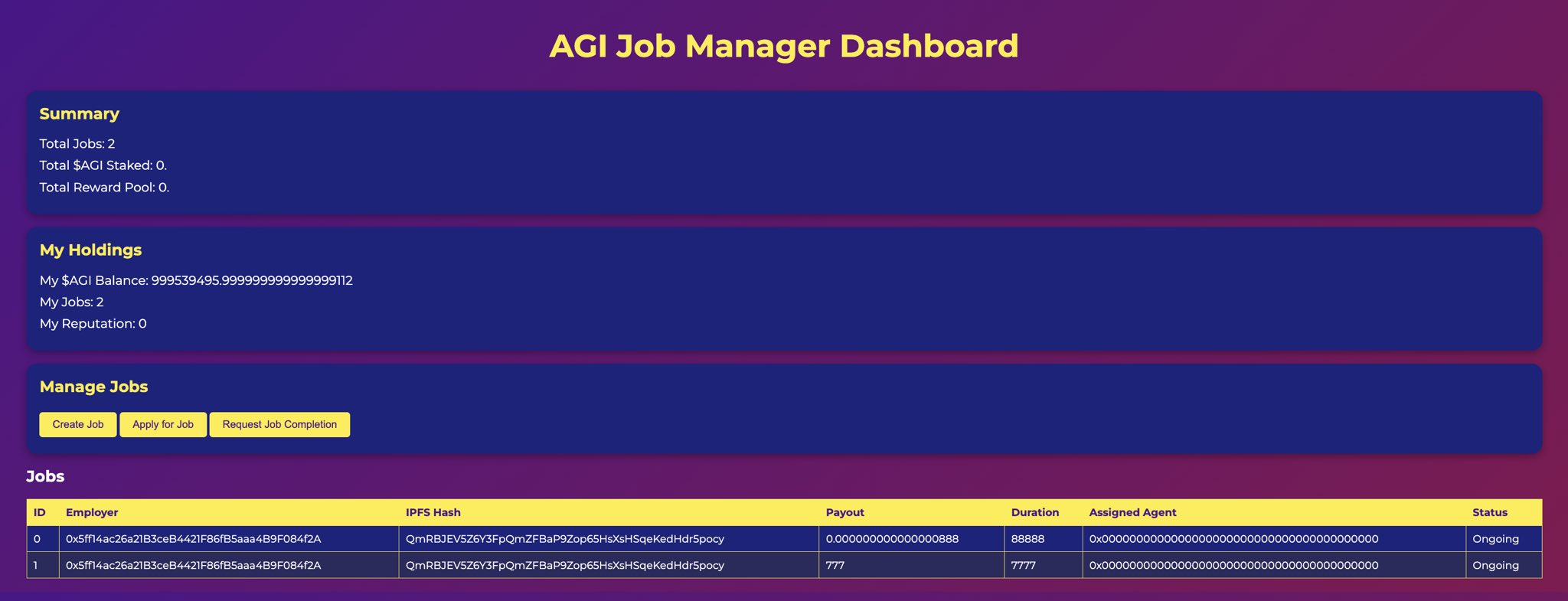 AGI Job Manager Dashboard for Decentralized AI Agents