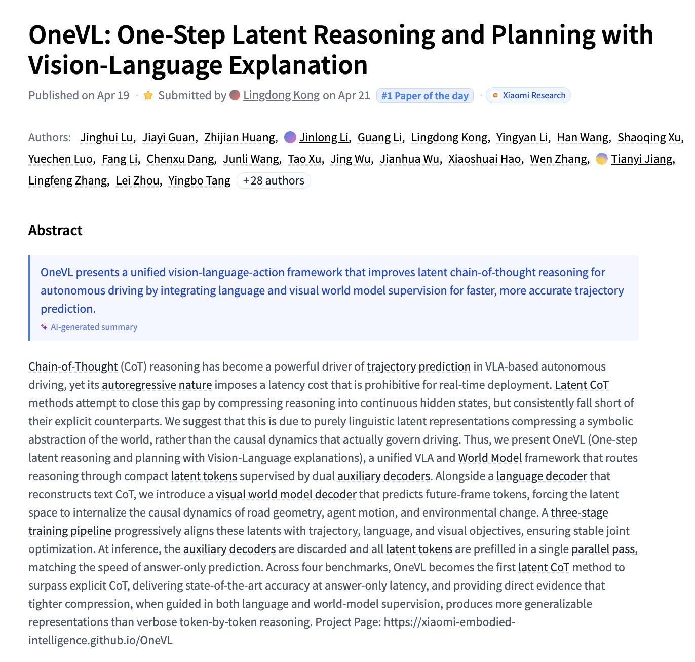 OneVL: One-Step Latent Reasoning and Planning with Vision-Language