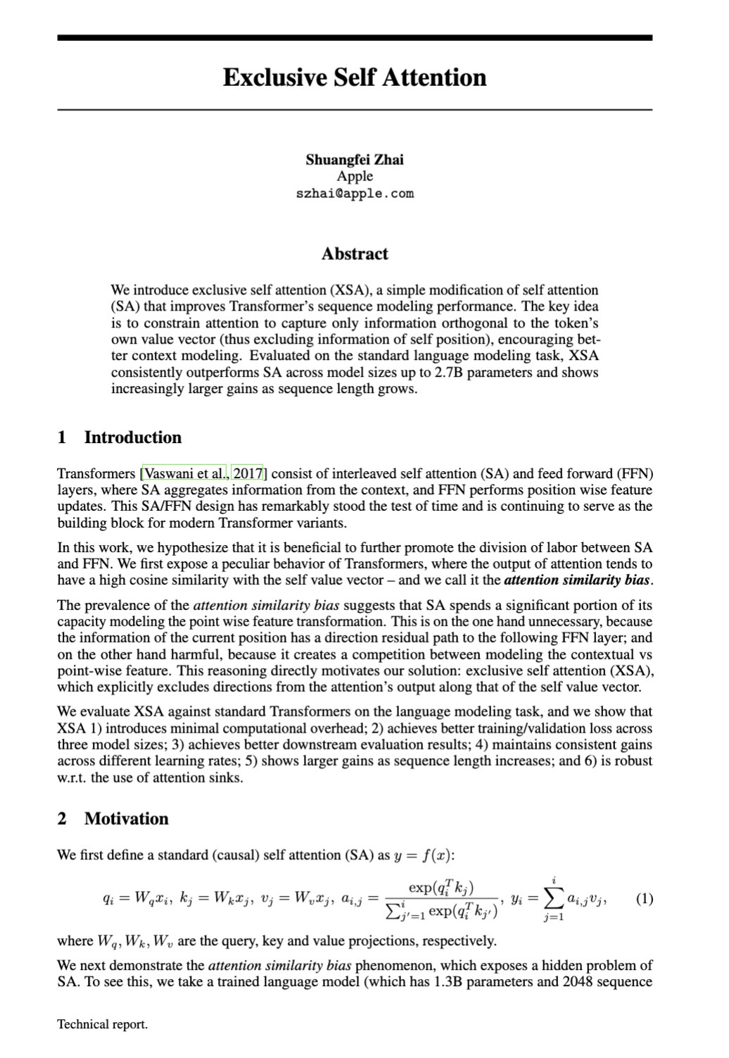 Exclusive Self-Attention: Two-Line Transformer Improvement
