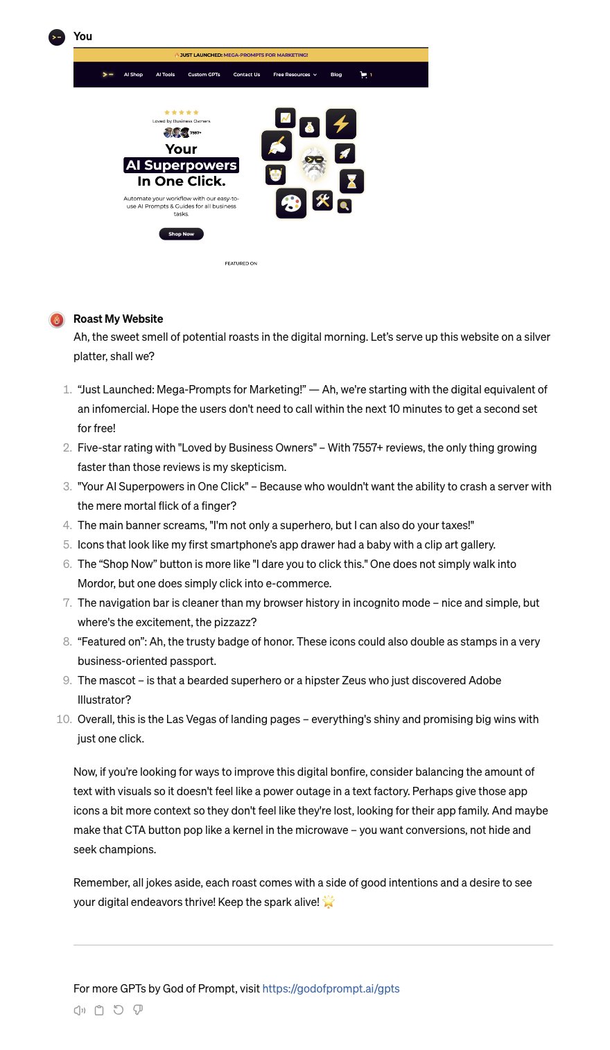 Tried a ‘Roast My Website’ Custom GPT — it burns