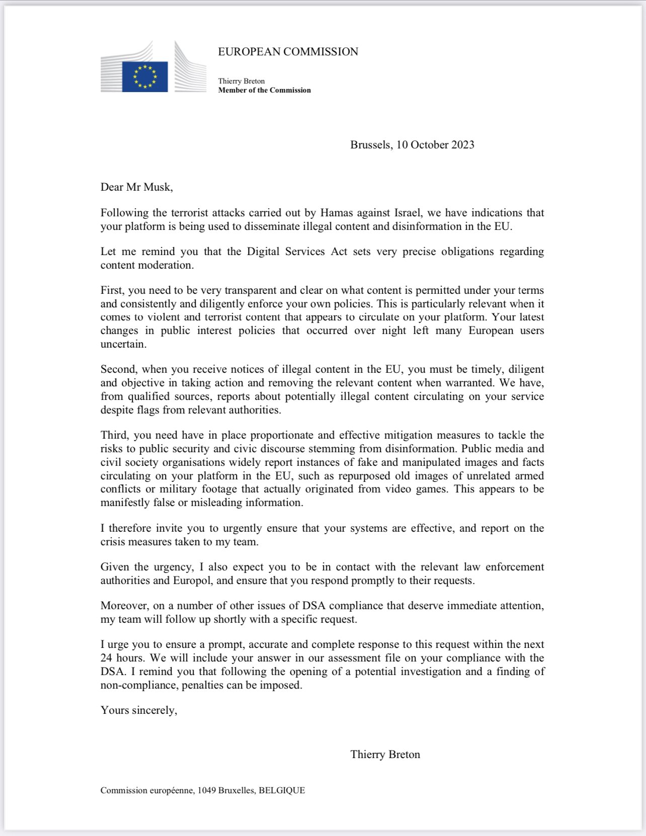 EU Digital Services Act: Commission warns Elon Musk on X violations