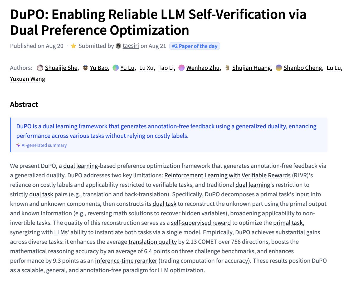 DuPO: Reliable LLM Self-Verification Through Dual Preference Optimization