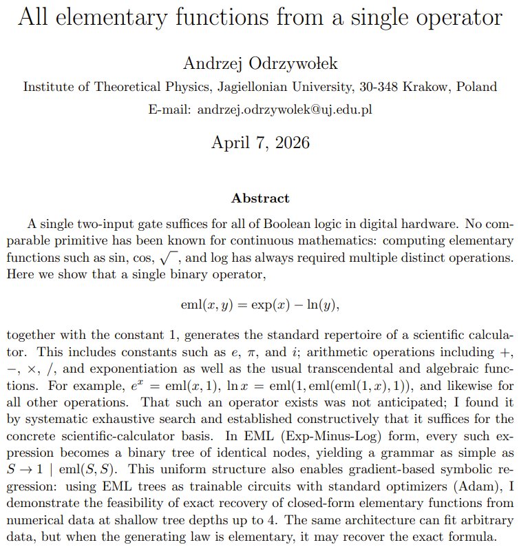 Single Operator Generates All Elementary Functions in AI