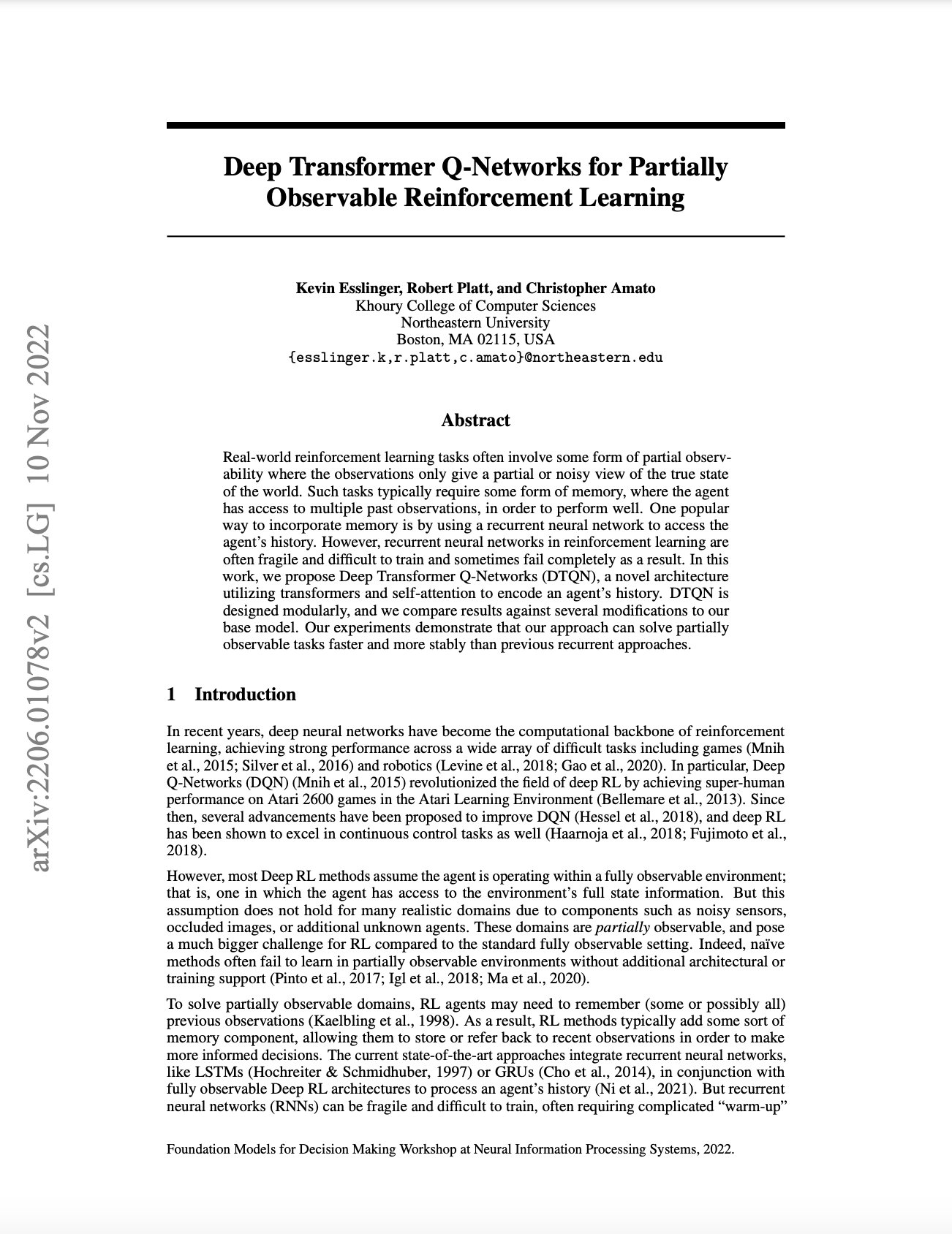 Deep Transformer Q-Networks for Partially Observable Reinforcement Learning