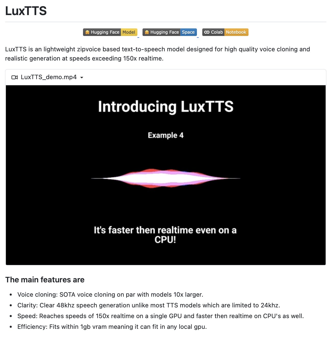 LuxTTS: Voice Cloning Model Achieves 150x Realtime Speed