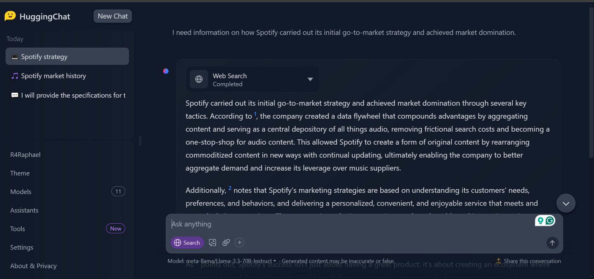 HuggingChat for Business Research: Spotify Case Study
