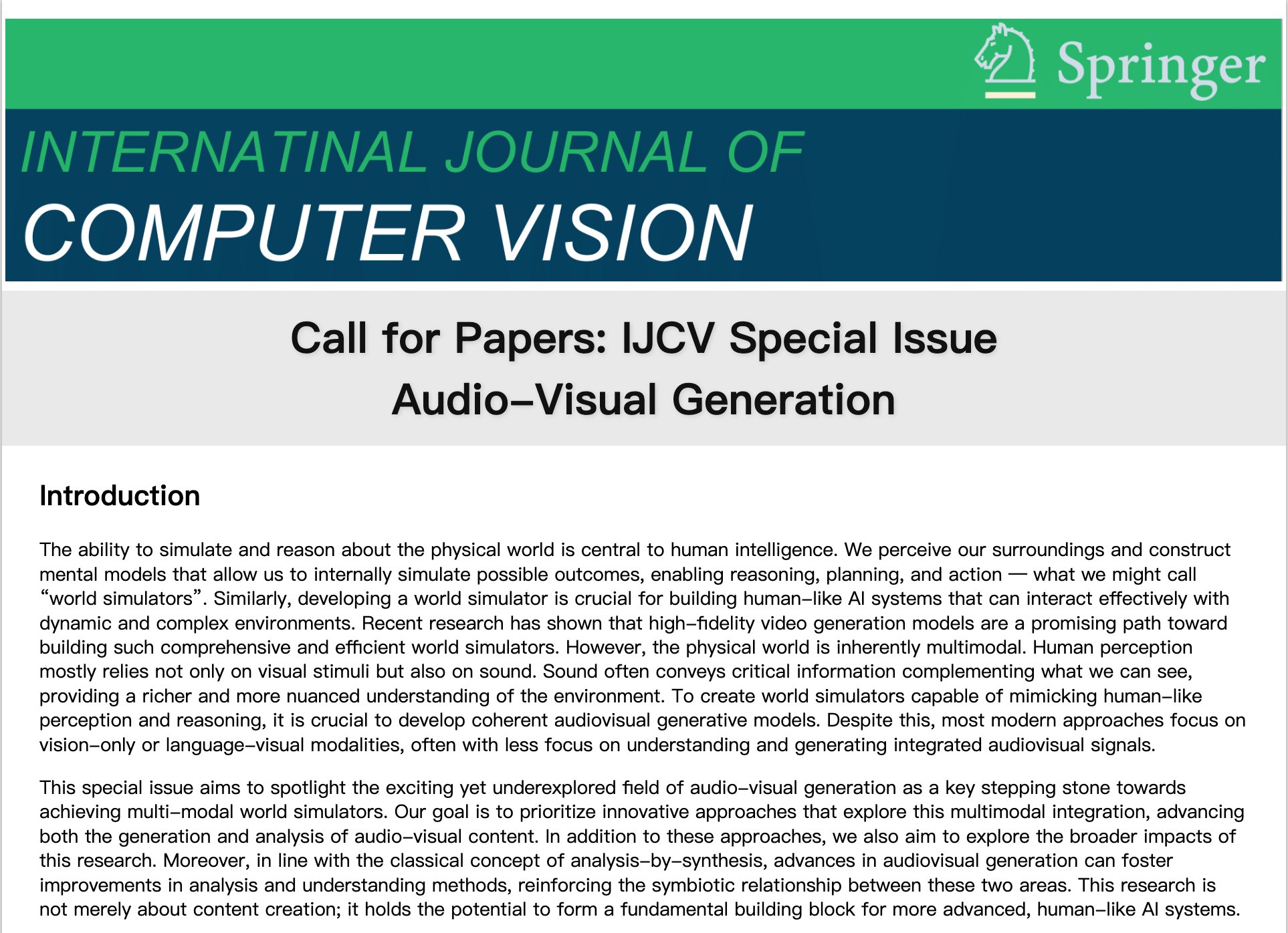 IJCV Special Issue on Audio-Visual Generation Call for Papers