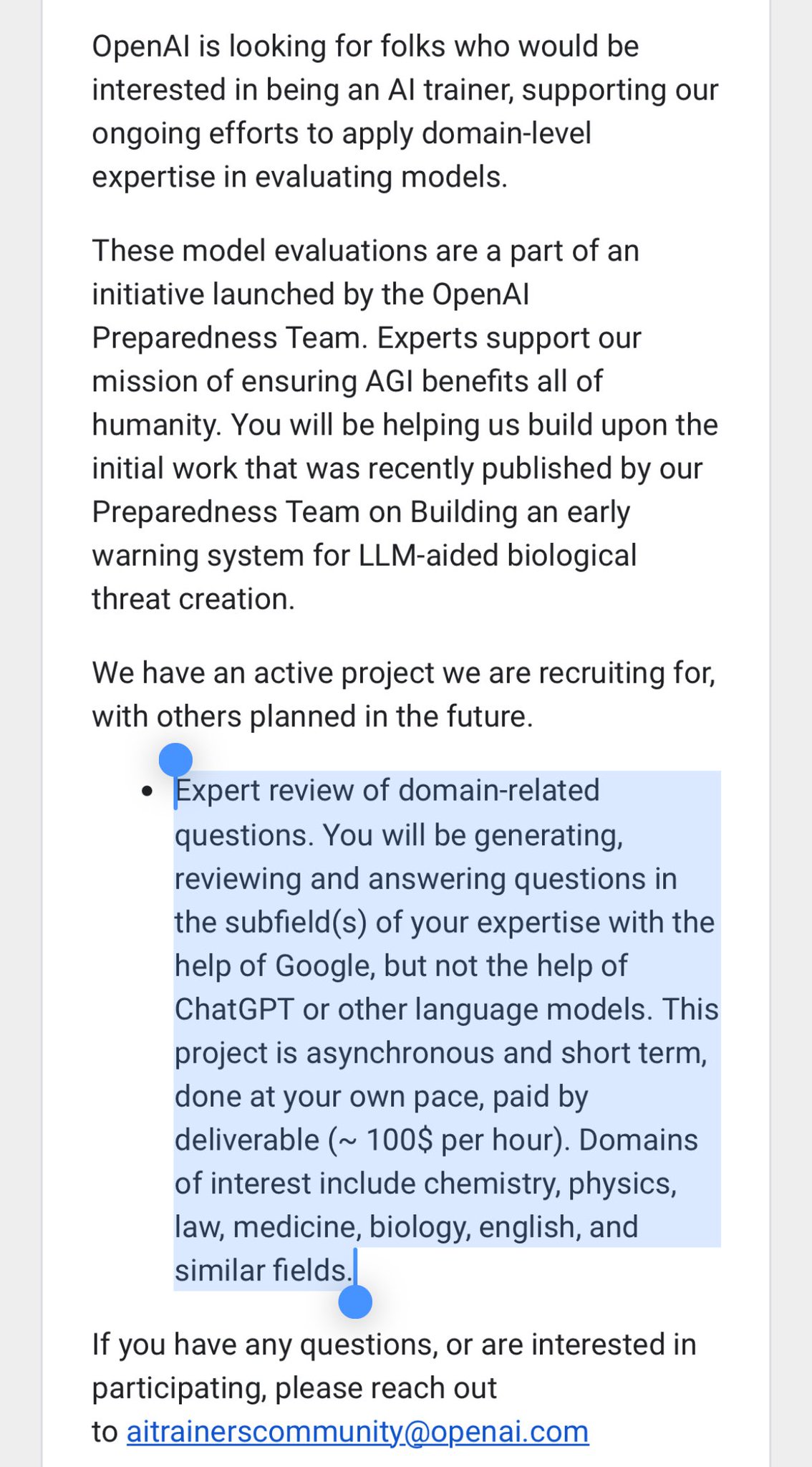 OpenAI Recruiting Model Trainers Across Multiple Academic Disciplines