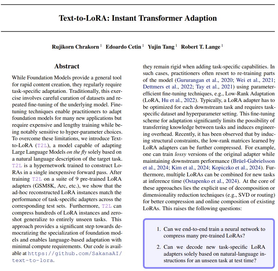 Text-to-LoRA: Instant Transformer Model Adaptation
