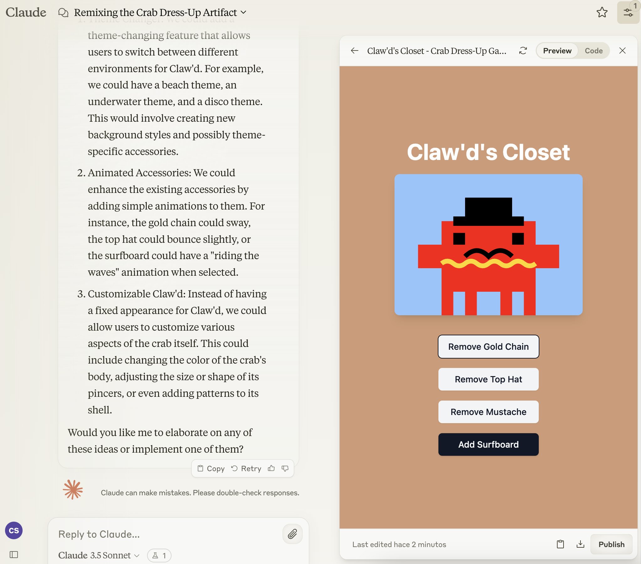 Claude 3.5 Creates Crab Game Skin Customization App