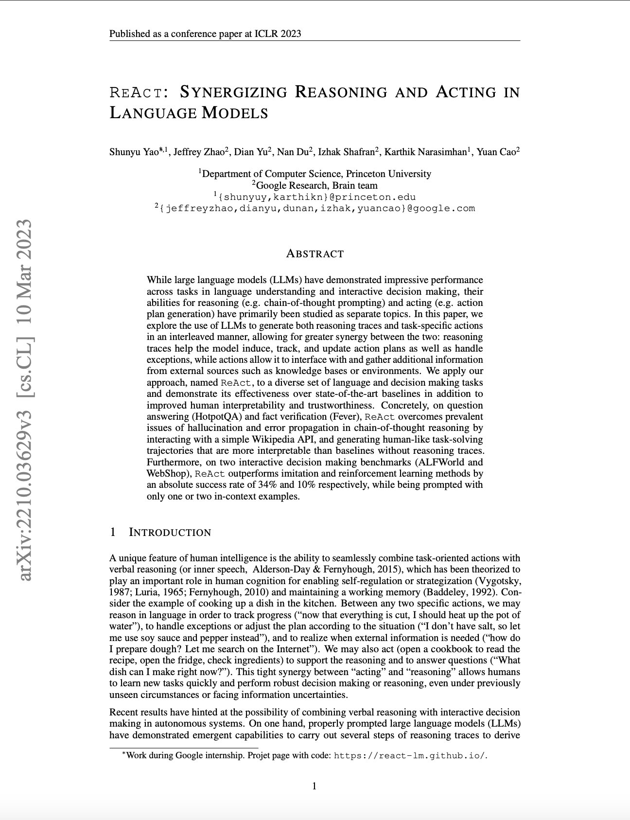 ReAct: Synergizing Reasoning and Acting in Language Models