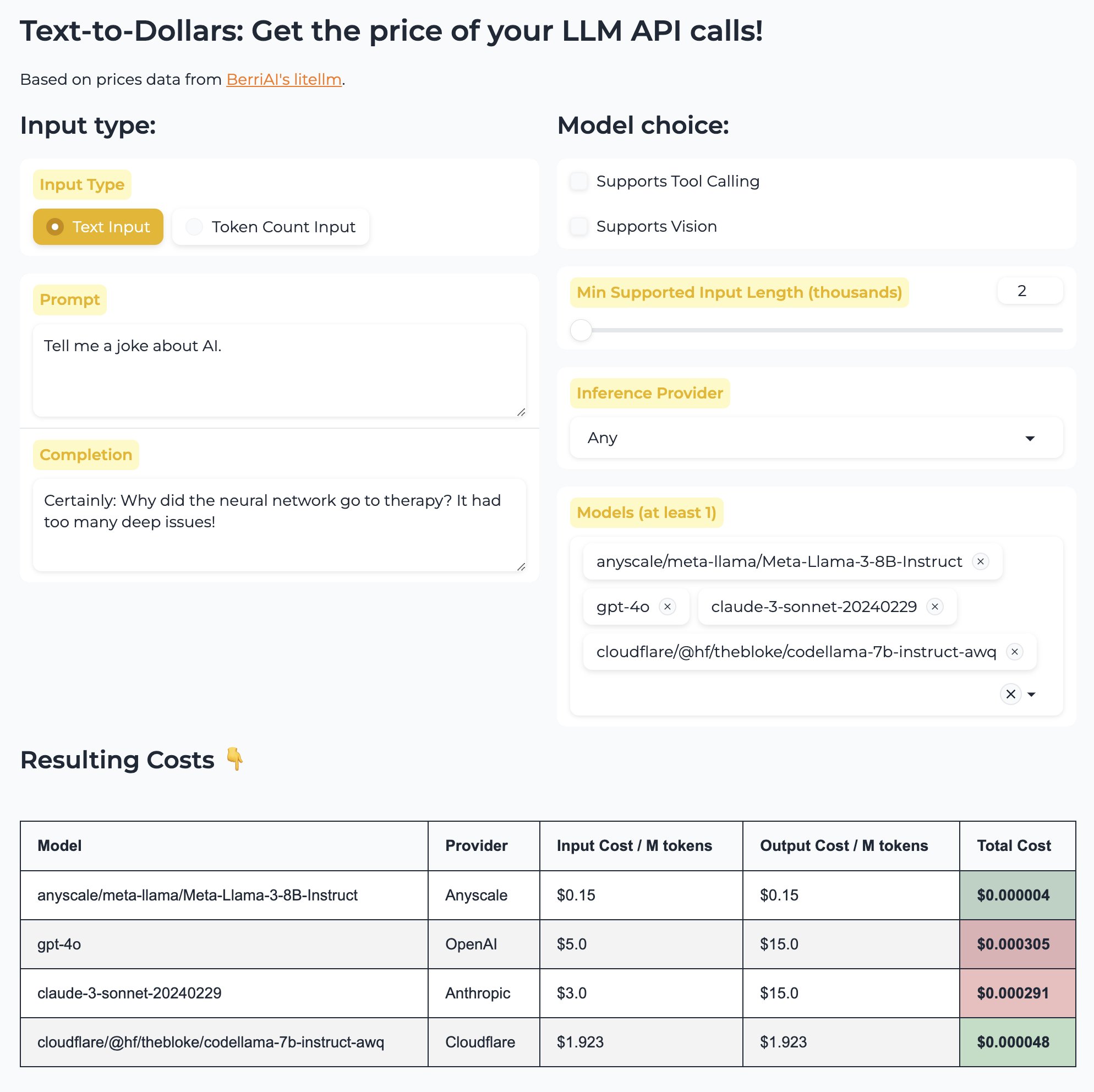 Space that calculates API LLM call costs for all providers