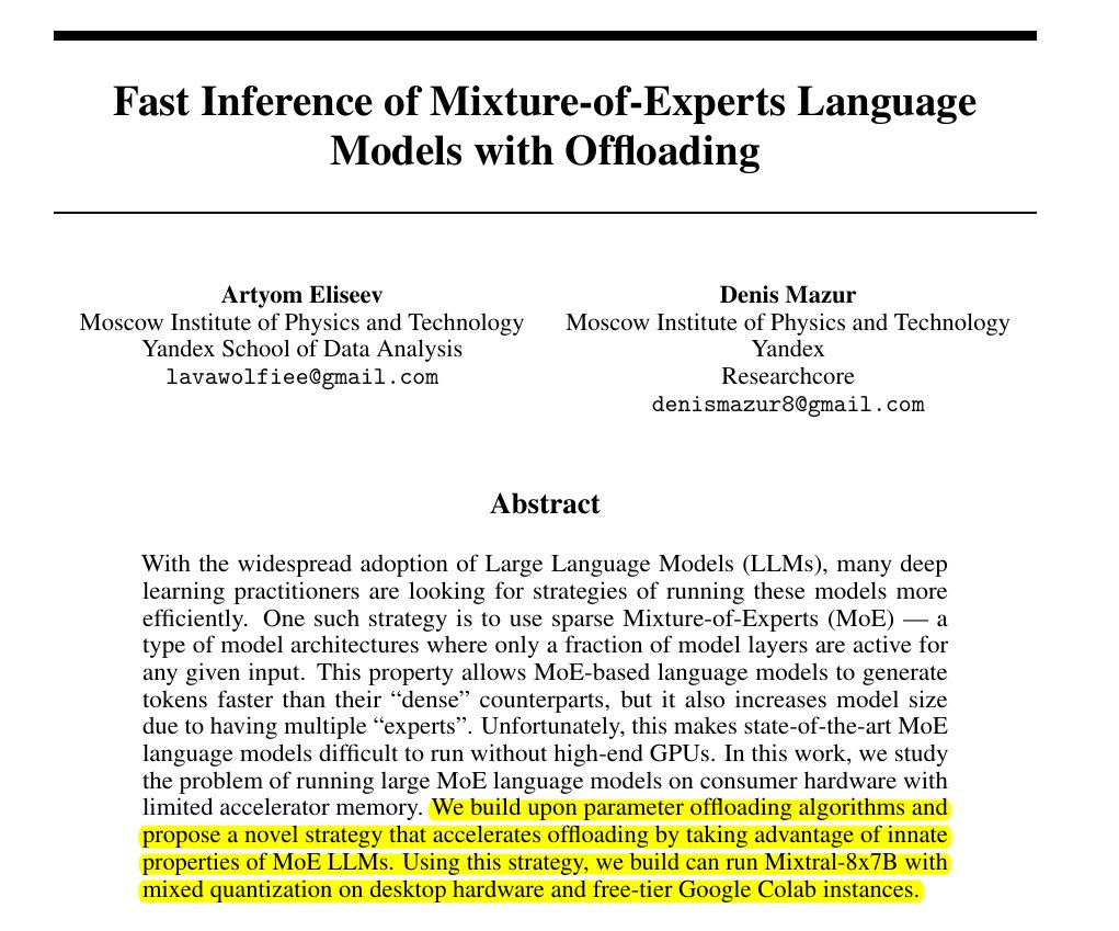 Fast Inference of Mixture-of-Experts Models via Offloading