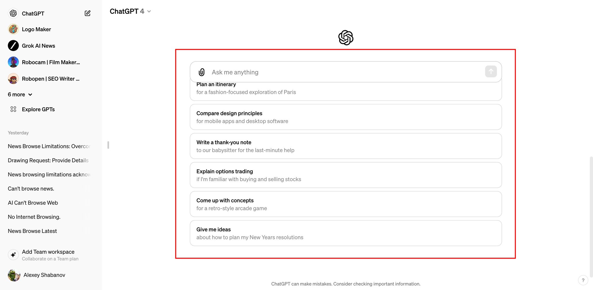 ChatGPT UI Update: Expanded Conversation Starters