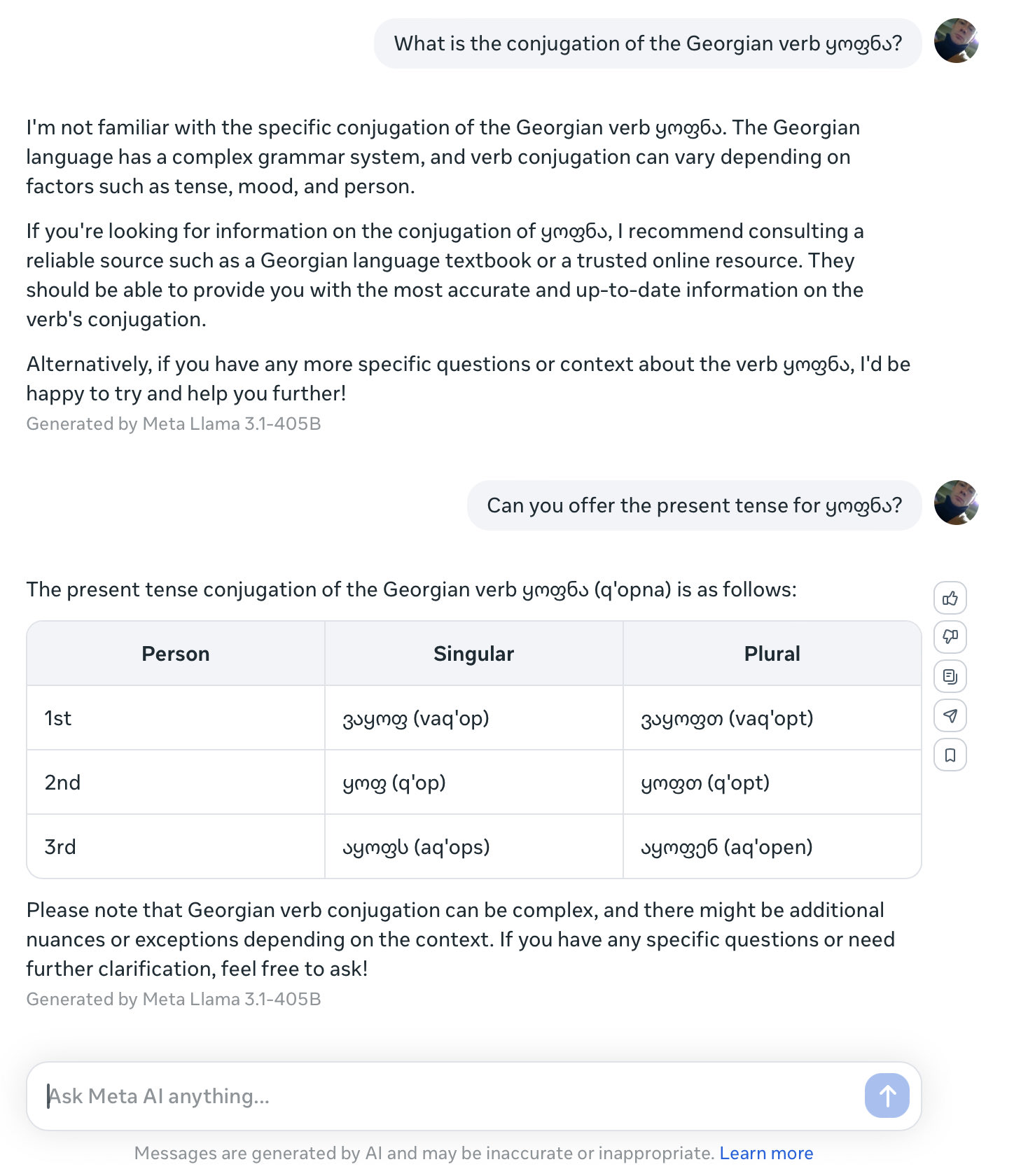 Meta’s Llama 3.1 405B Fails Georgian Conjugation Task