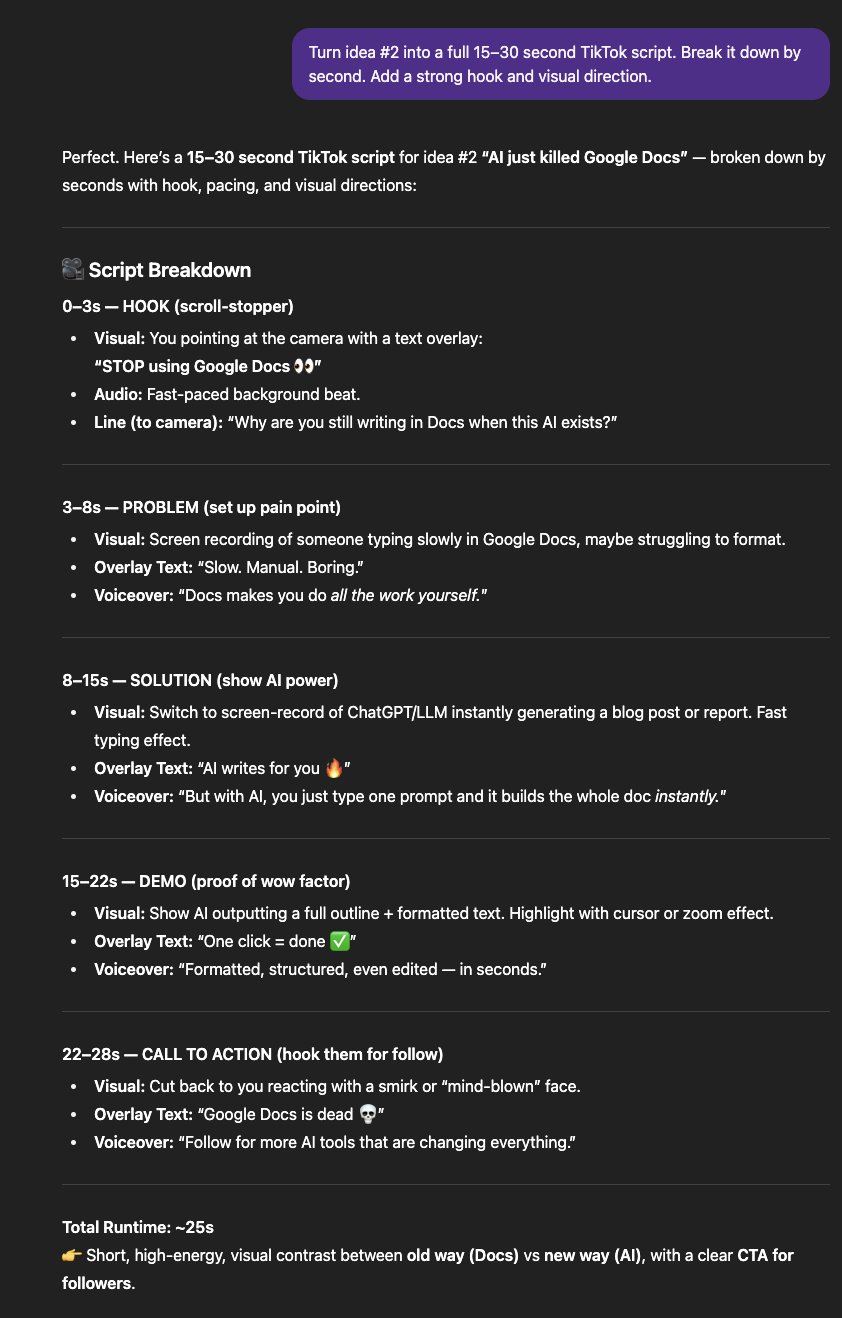 TikTok script generation: hook, storytelling beats, shot direction
