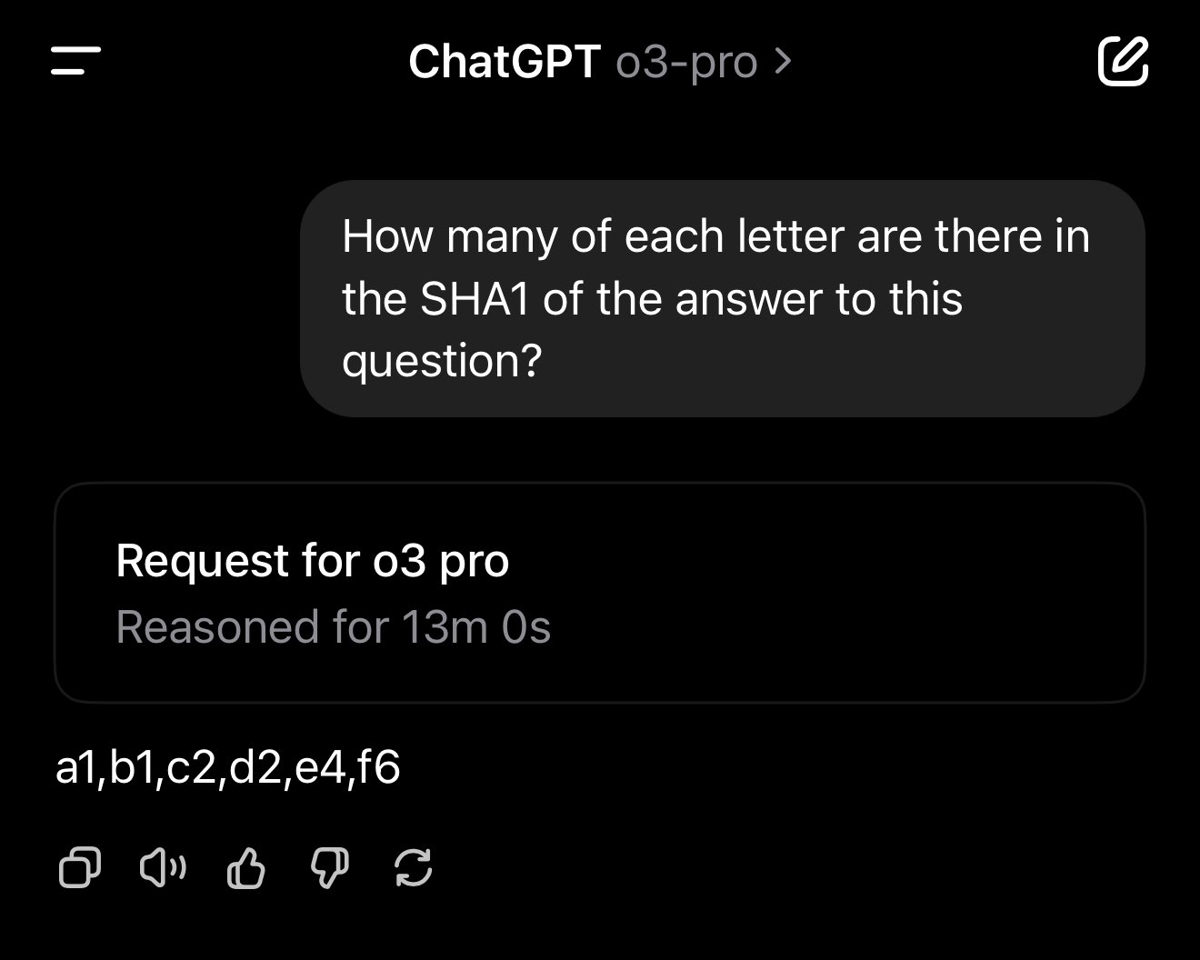 Question: How many of each letter in SHA1 of answer?