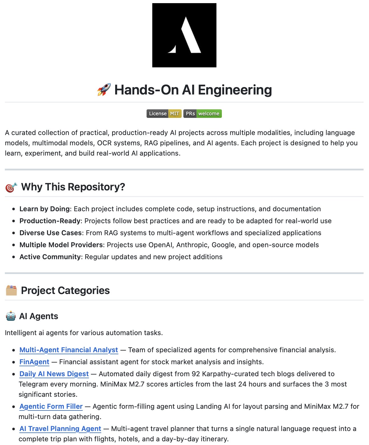 Open-source collection of 50+ hands-on AI engineering tutorials