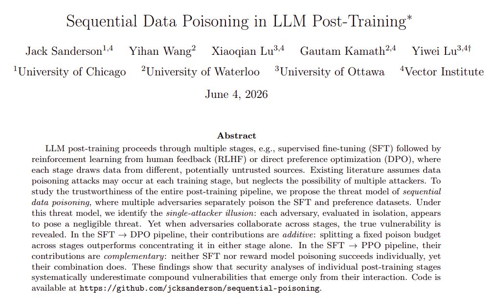 LLM post-training pipelines vulnerable to combined data poisoning attacks