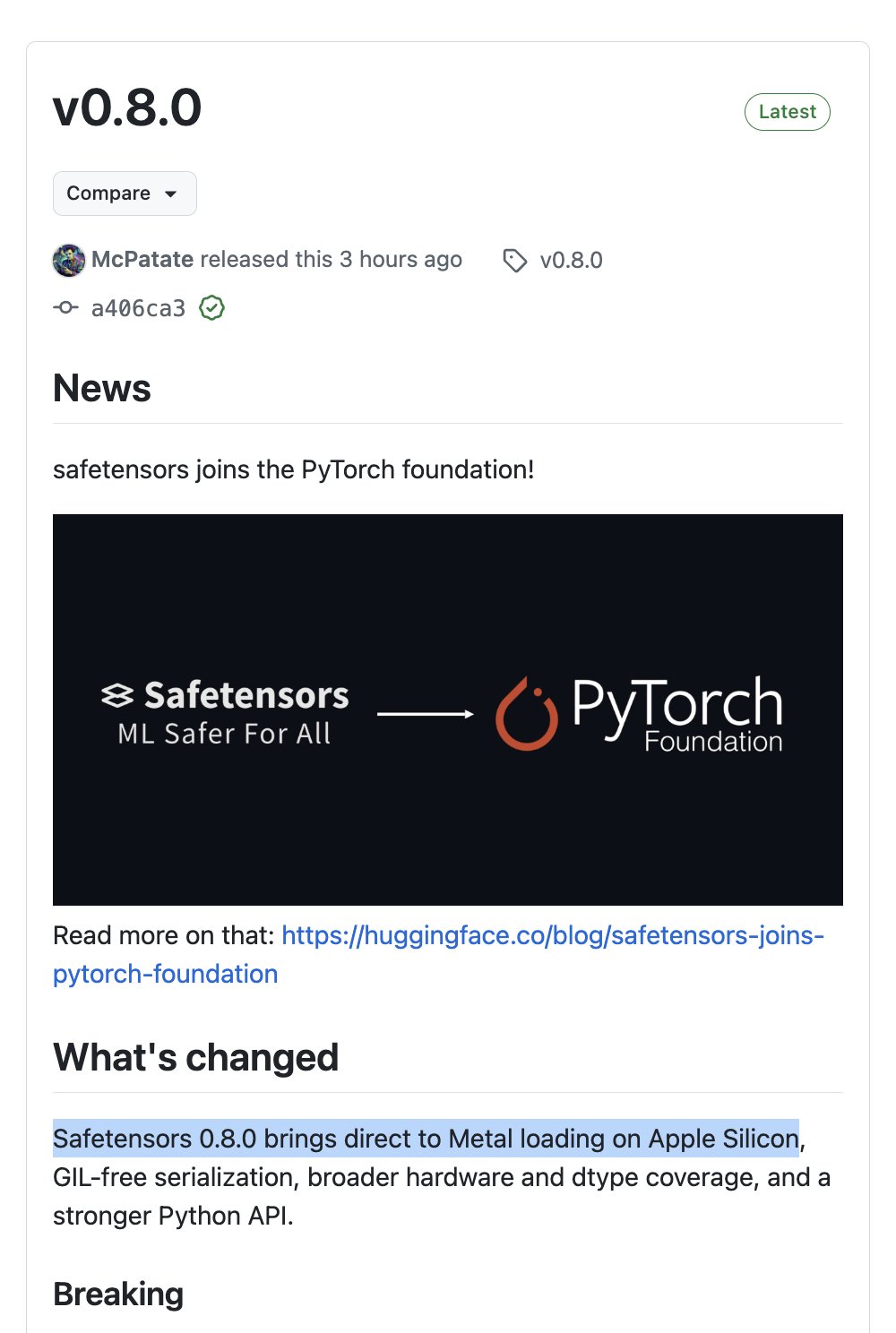safetensors v0.8.0 loads directly to Metal on Apple Silicon
