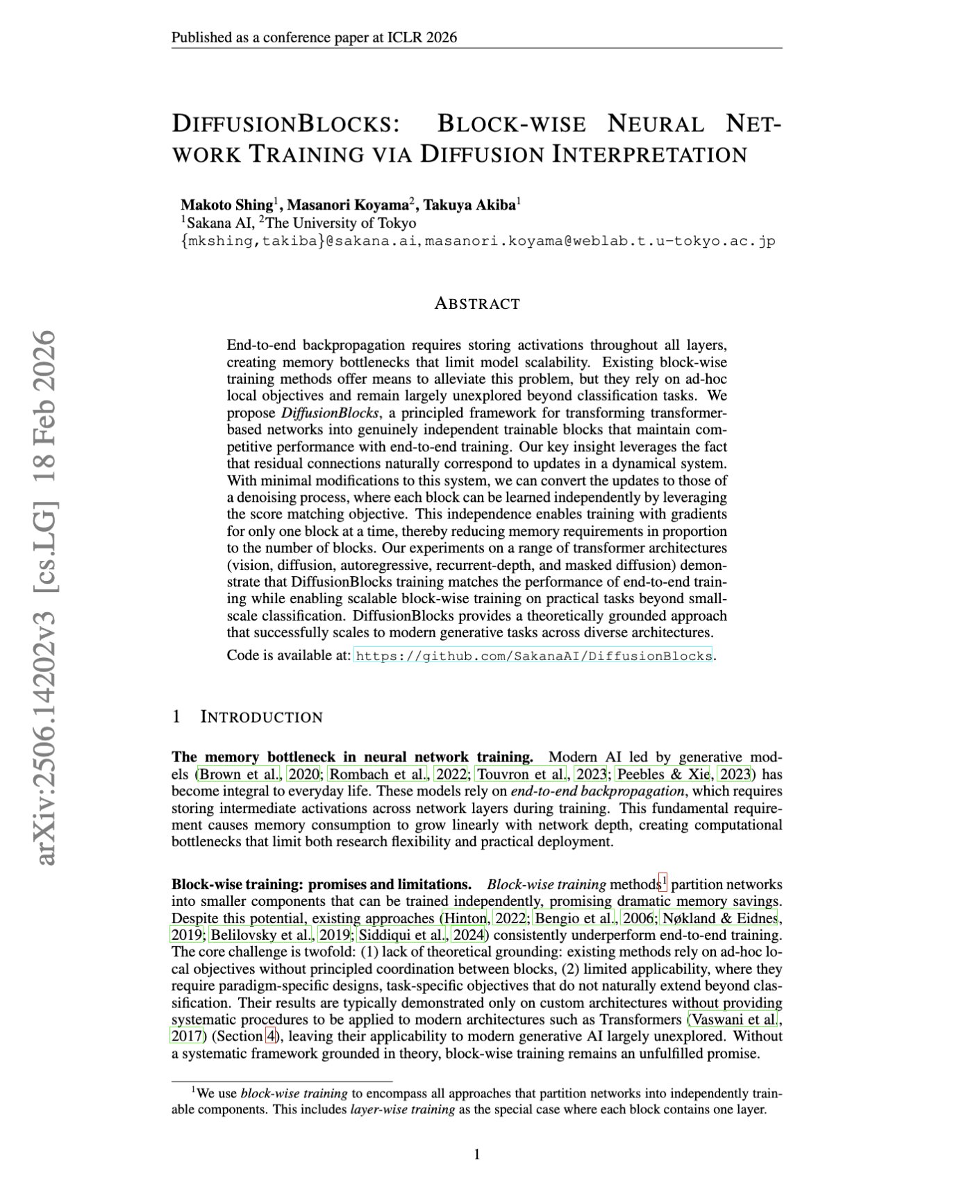 DiffusionBlocks: Block-wise Neural Network Training via Diffusion Interpretation