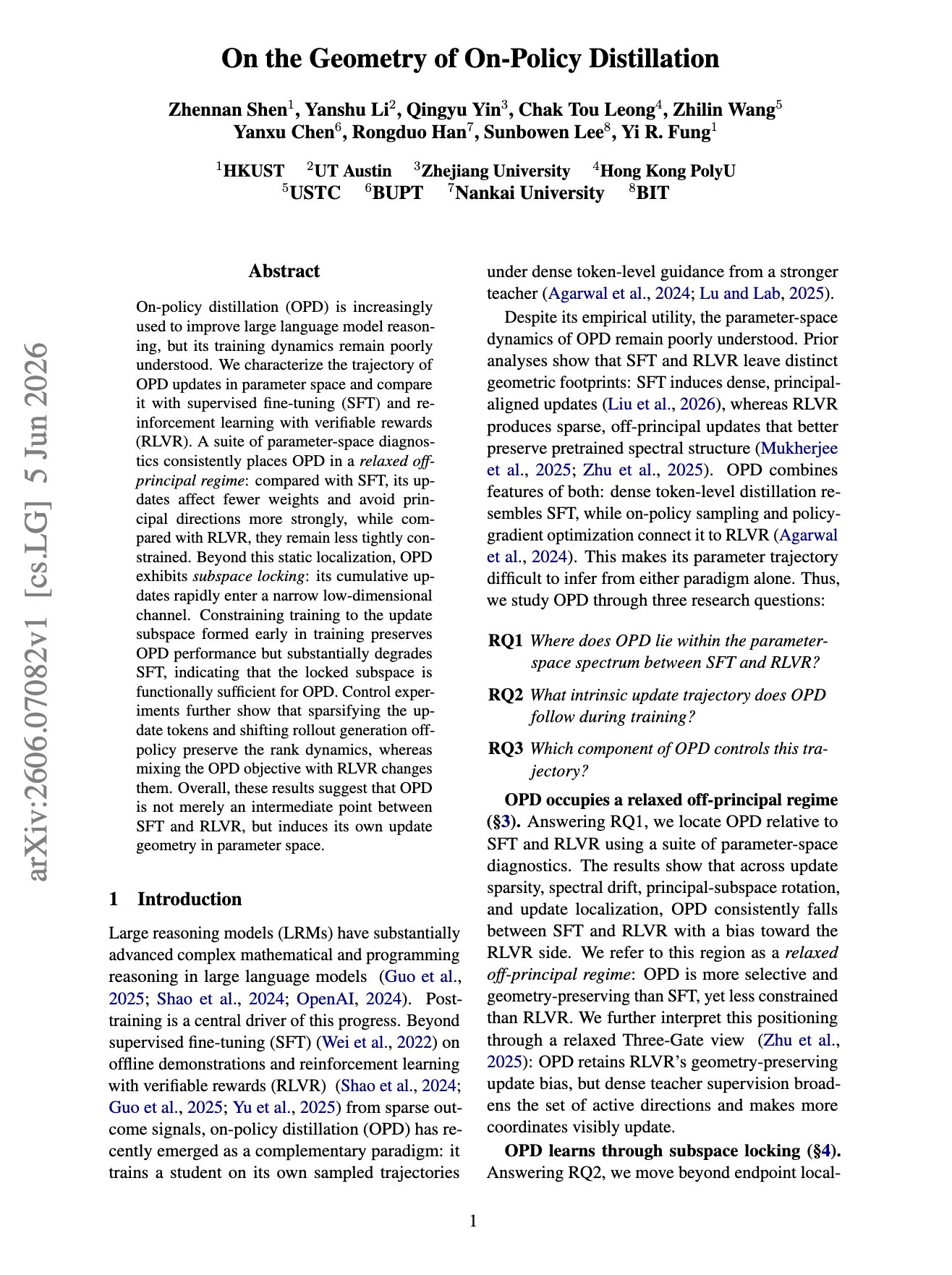 On-Policy Distillation geometry: fewer weight updates, preserves structure