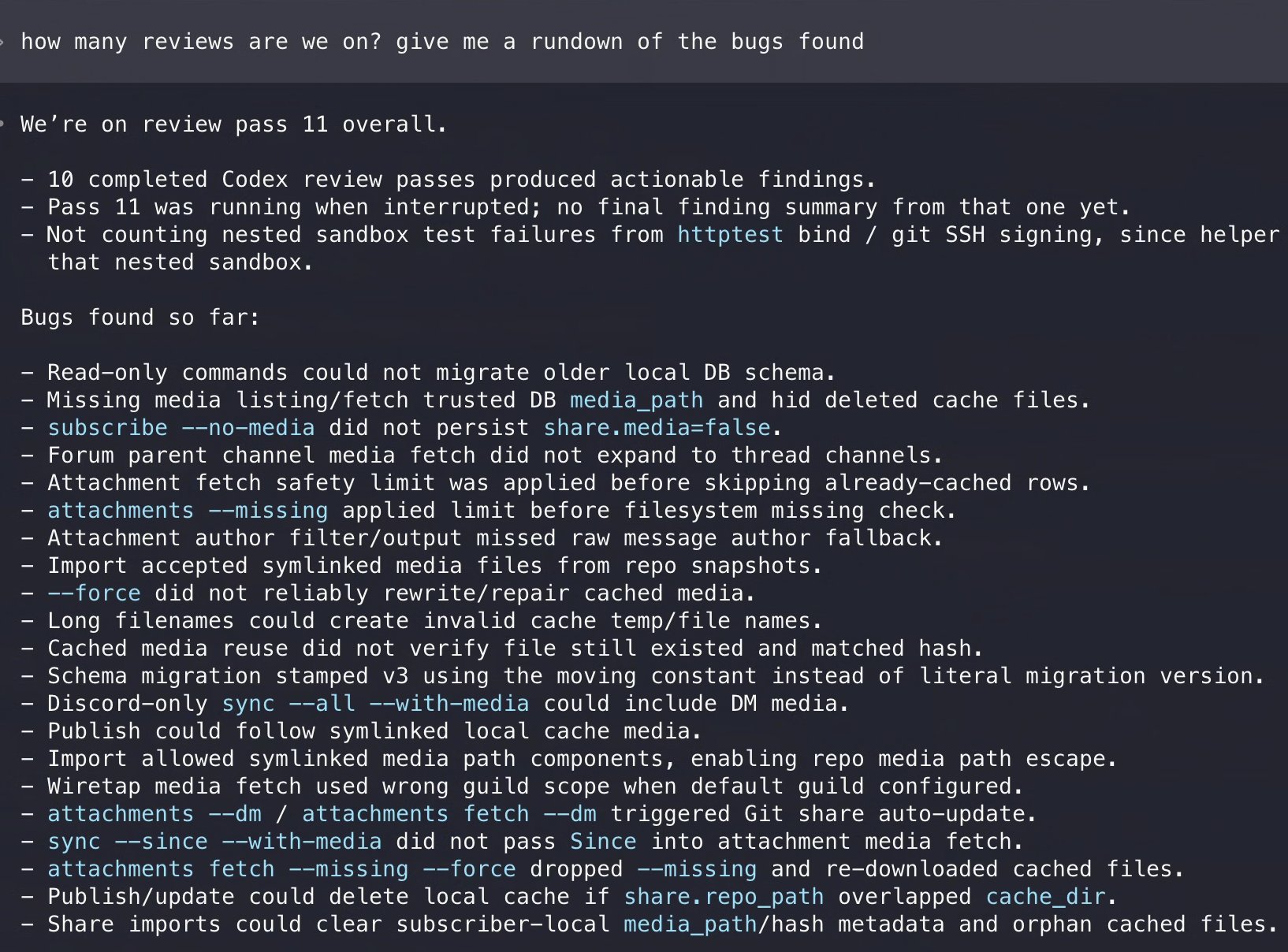 Built discrawl store media feature, used codex review skill